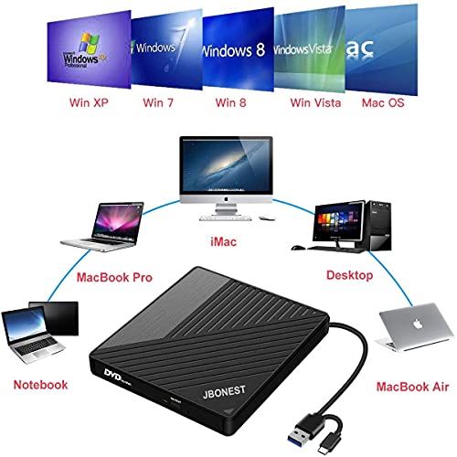usb external cd-rw burner for windows, mac os laptop computer dvd/cd reader player with two usb